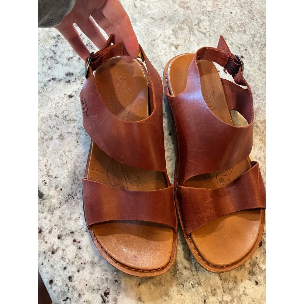 Keen Lana Cross Strap Sandals Brown Leather Slingback Flat 1022582 Womens 9 - Picture 2 of 6